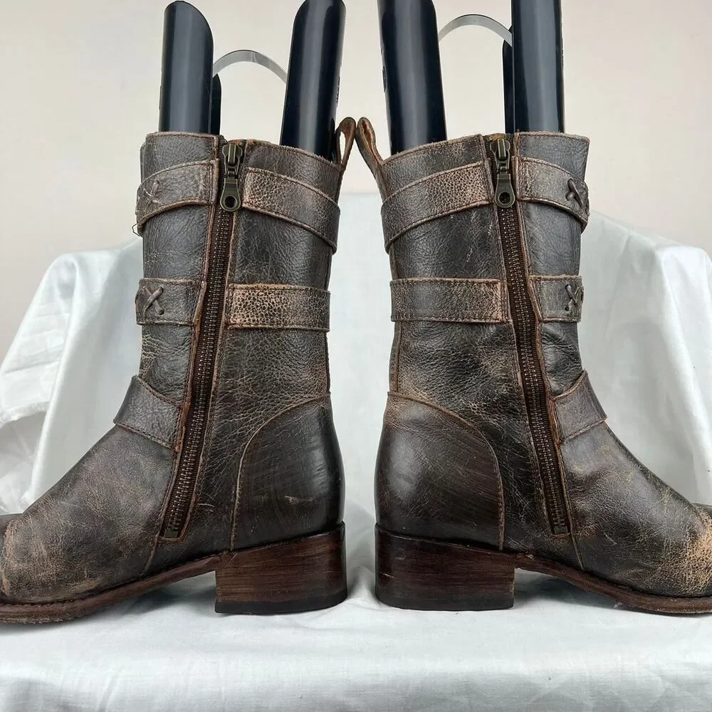 Bed Stu Blanchett Braid Buckle Strap Mid Calf Distressed Leather Boots  Size 8